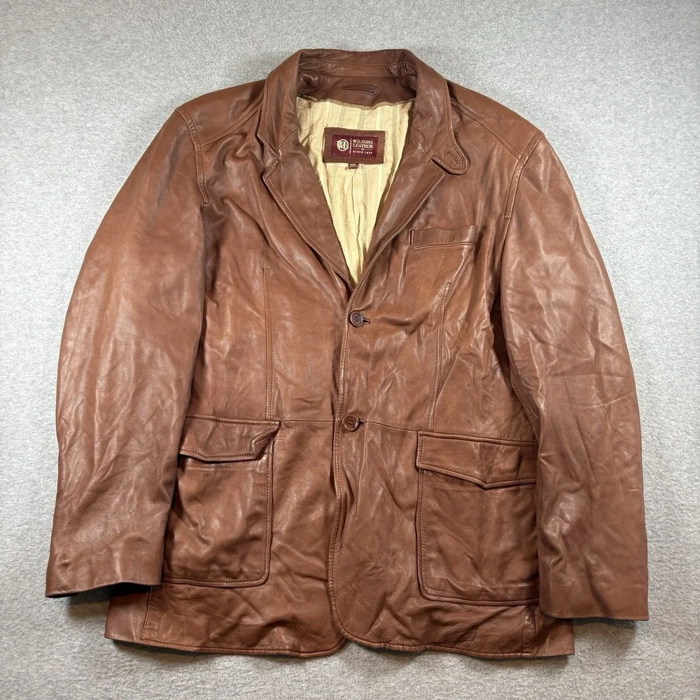 Vintage 90s Wilsons Leather Blazer Jacket Mens XXL Brown 2 Button Car Coat Lined